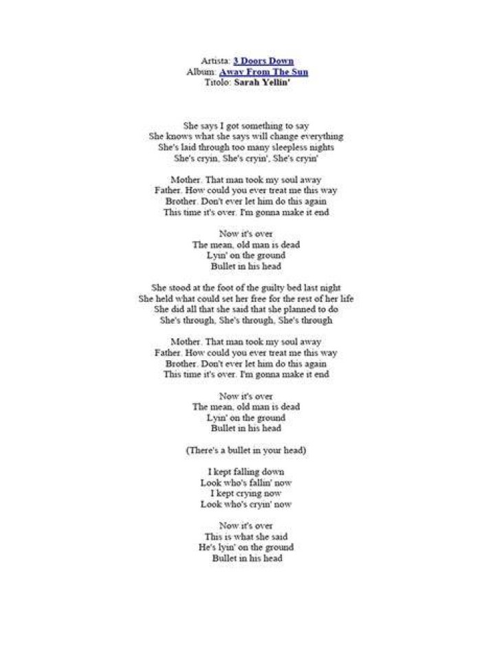 3 Doors Down’s
Sarah Yellin’ Lyrics