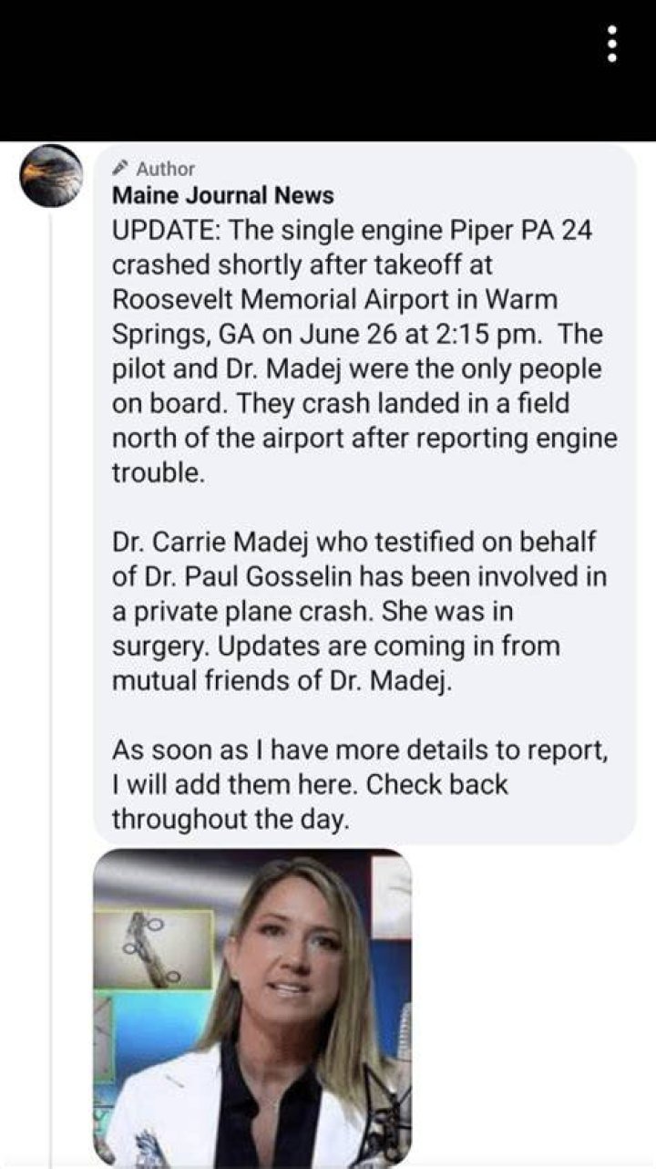 Dr. Carrie Madej Accident: Plane Crash