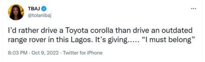 
I’d Rather Driver Toyota Corolla Than Outdated Range Rover”- Tolani Baj Reveals, Gives Reasons 