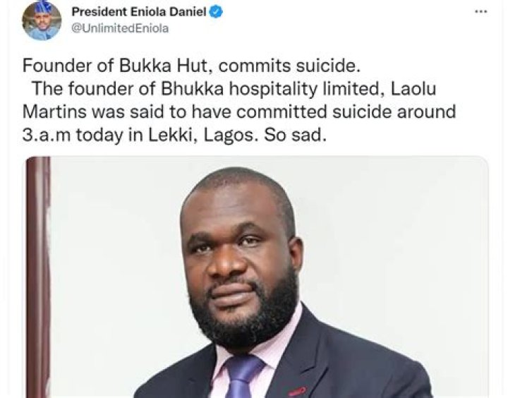 
Laura Ikeji, Other Celebrities React As Founder Of Bukka Hut, Laolu Martin Commits Suicide In Lekki, Lagos 