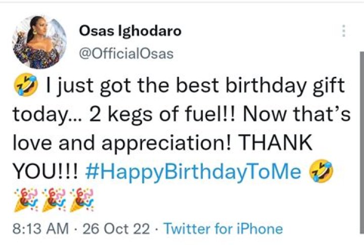 
“The Best Birthday Present” Osas Ighodaro Is Overjoyed After Receiving Two Kegs Of Fuel As A Birthday Gift. 